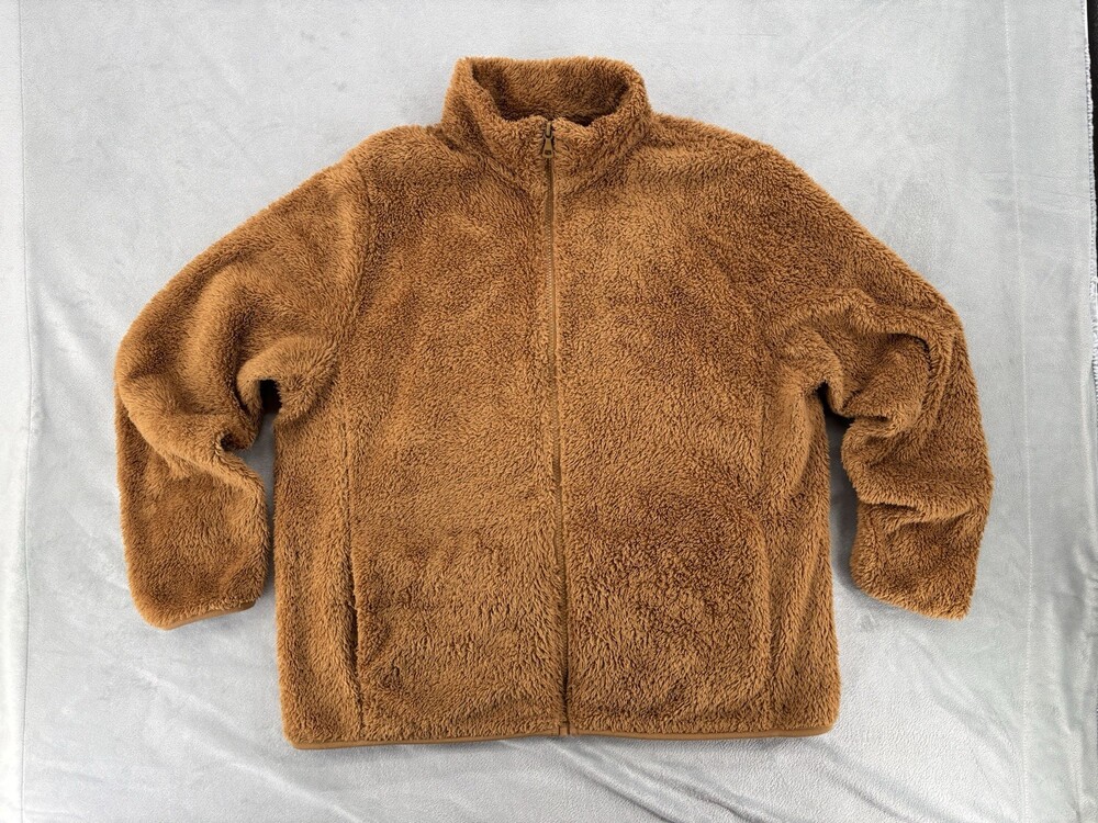 Uniqlo Fluffy Yarn Fleece Jacket Womens XL Camel Tan Full Zip Teddy Pockets